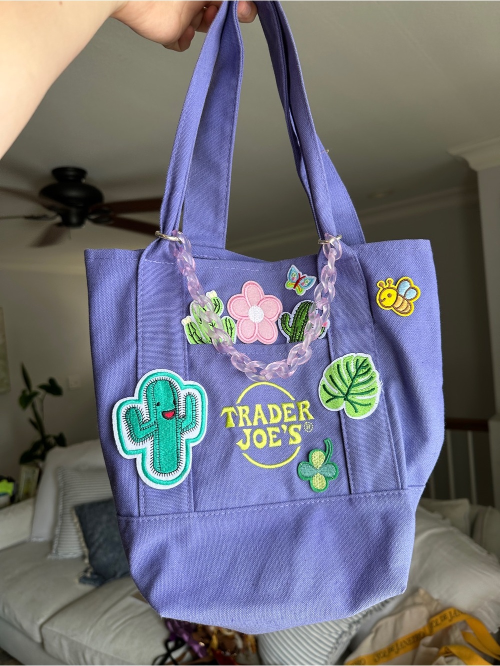 Trader Joe's Lavender Mini Tote Bag with Decorative Patches